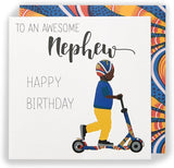 Colorful greeting card featuring "Awesome Nephew" message from Kindred X Afrotouch collection by UK Greetings, perfect for birthdays.