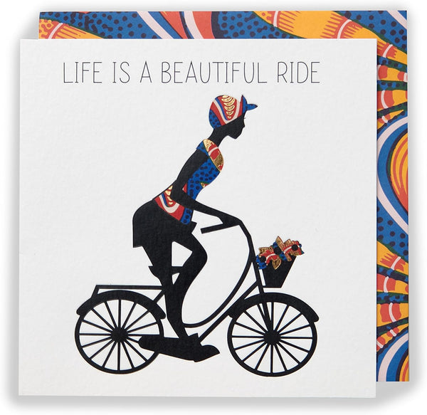 Kindred X Afrotouch greeting card titled "Life Is A Beautiful Ride" featuring colorful floral and abstract design for special occasions.