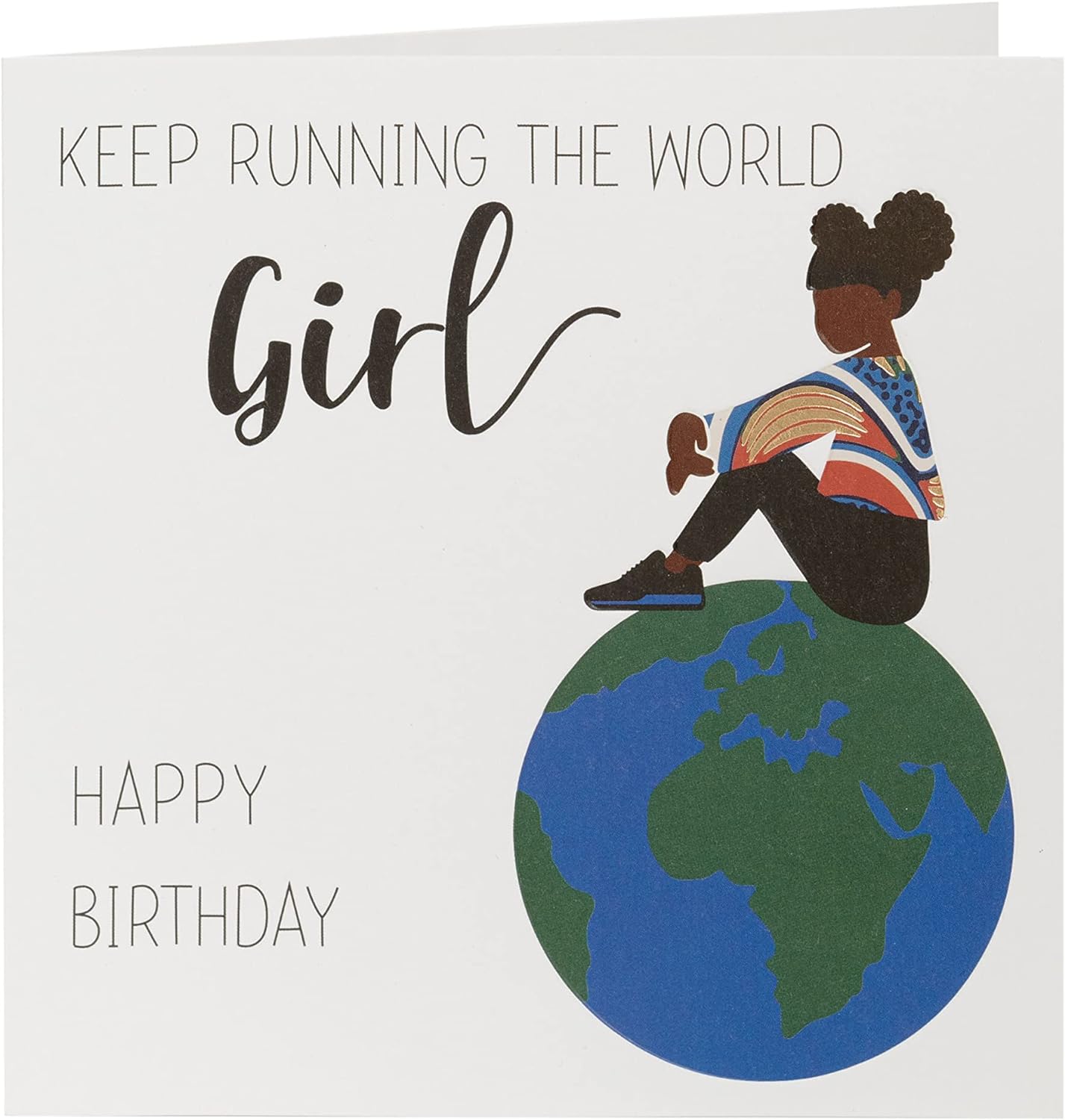 Kindred X Afrotouch Girl Running The World birthday greeting card with colorful design and empowering message for celebrations.