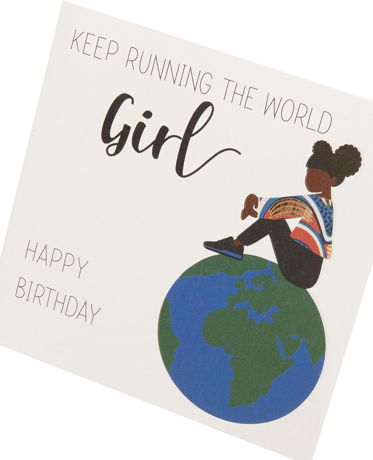 Colorful greeting card featuring a girl and the phrase "Running The World" for birthdays, from UK Greetings' Kindred X Afrotouch collection.