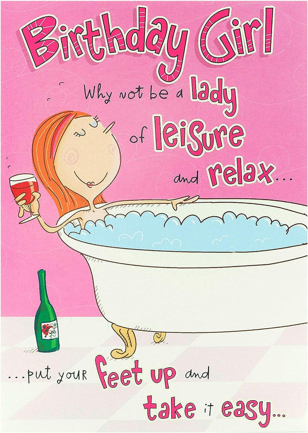 Humorous Lady of Leisure Giggles Girl birthday greeting card from UK Greetings with colorful design and playful illustration.