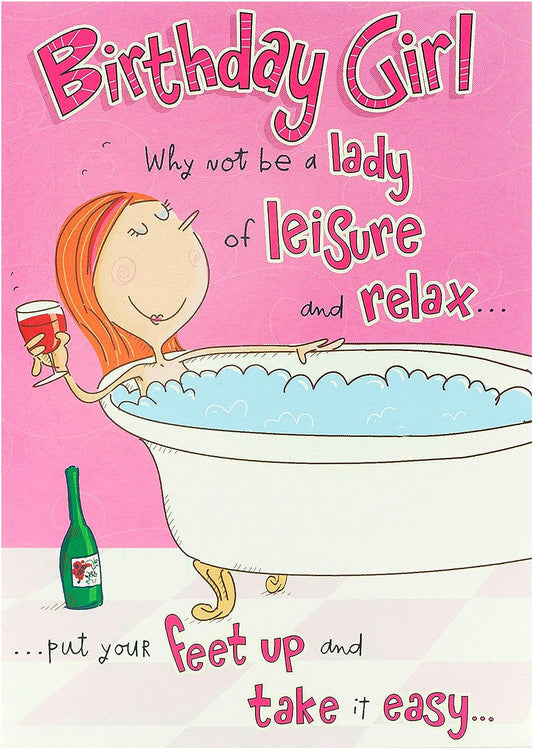 Humorous Lady of Leisure Giggles Girl birthday greeting card from UK Greetings with colorful design and playful illustration.