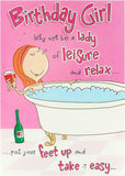Humorous Lady of Leisure Giggles Girl birthday greeting card from UK Greetings with colorful design and playful illustration.