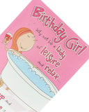 Lady of Leisure Humorous Giggles Girl birthday greeting card, UK Greetings, featuring a playful illustration for celebrating a birthday.
