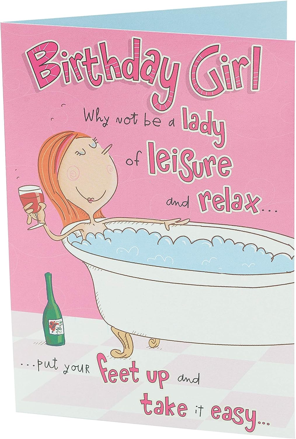 Humorous Lady of Leisure Giggles Girl birthday greeting card from UK Greetings featuring playful cartoon illustration.