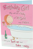 Humorous Lady of Leisure Giggles Girl birthday greeting card from UK Greetings featuring playful cartoon illustration.