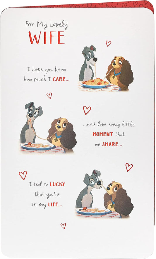 Lady & Tramp romantic wife greeting card by UK Greetings featuring classic Disney characters on a heartfelt design.