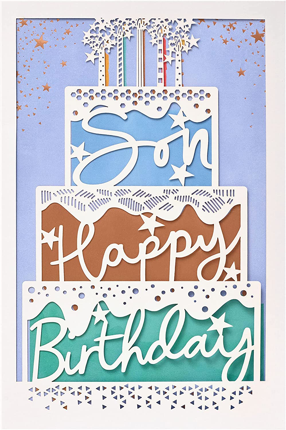 Laser-cut cake-shaped birthday greeting card from UK Greetings featuring intricate designs and vibrant colors.