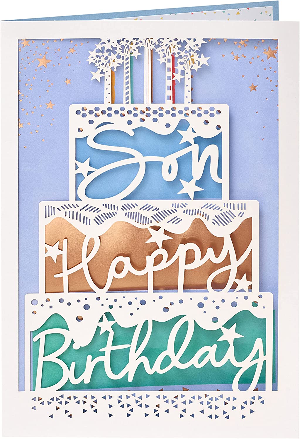 Laser-cut cake design birthday greeting card by UK Greetings, featuring intricate detailing on a festive celebration card.