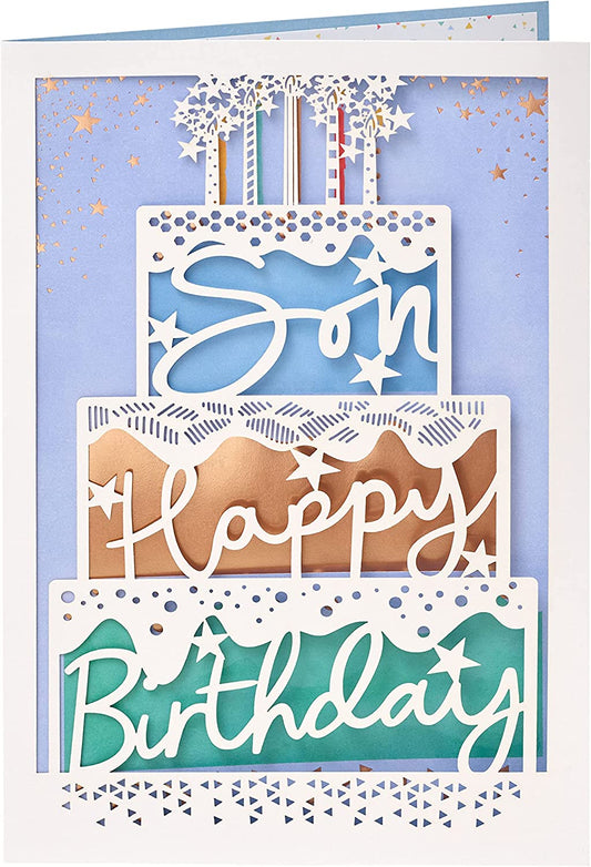 Laser-cut cake design birthday greeting card by UK Greetings, featuring intricate detailing on a festive celebration card.