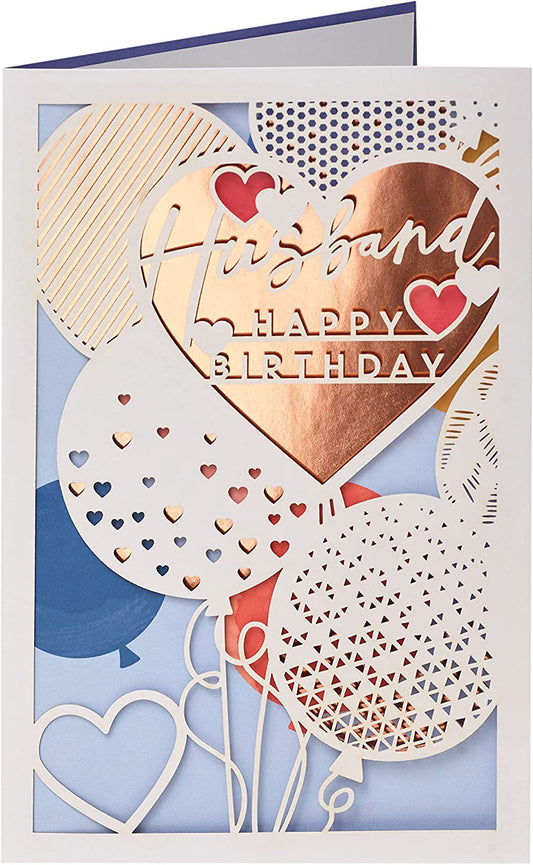 Laser-cut copper husband birthday greeting card with intricate design, perfect for celebrating a special occasion.