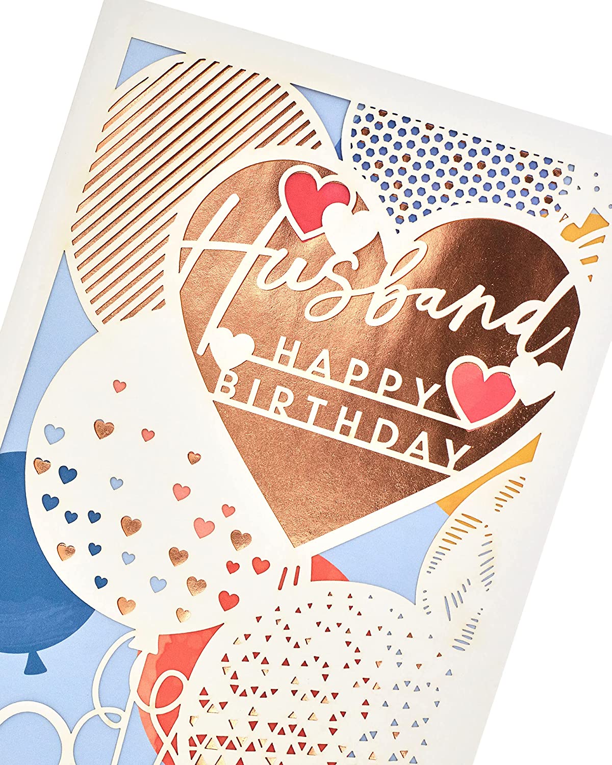Laser-cut copper husband birthday greeting card with intricate designs, showcasing a unique and elegant UK Greetings product.