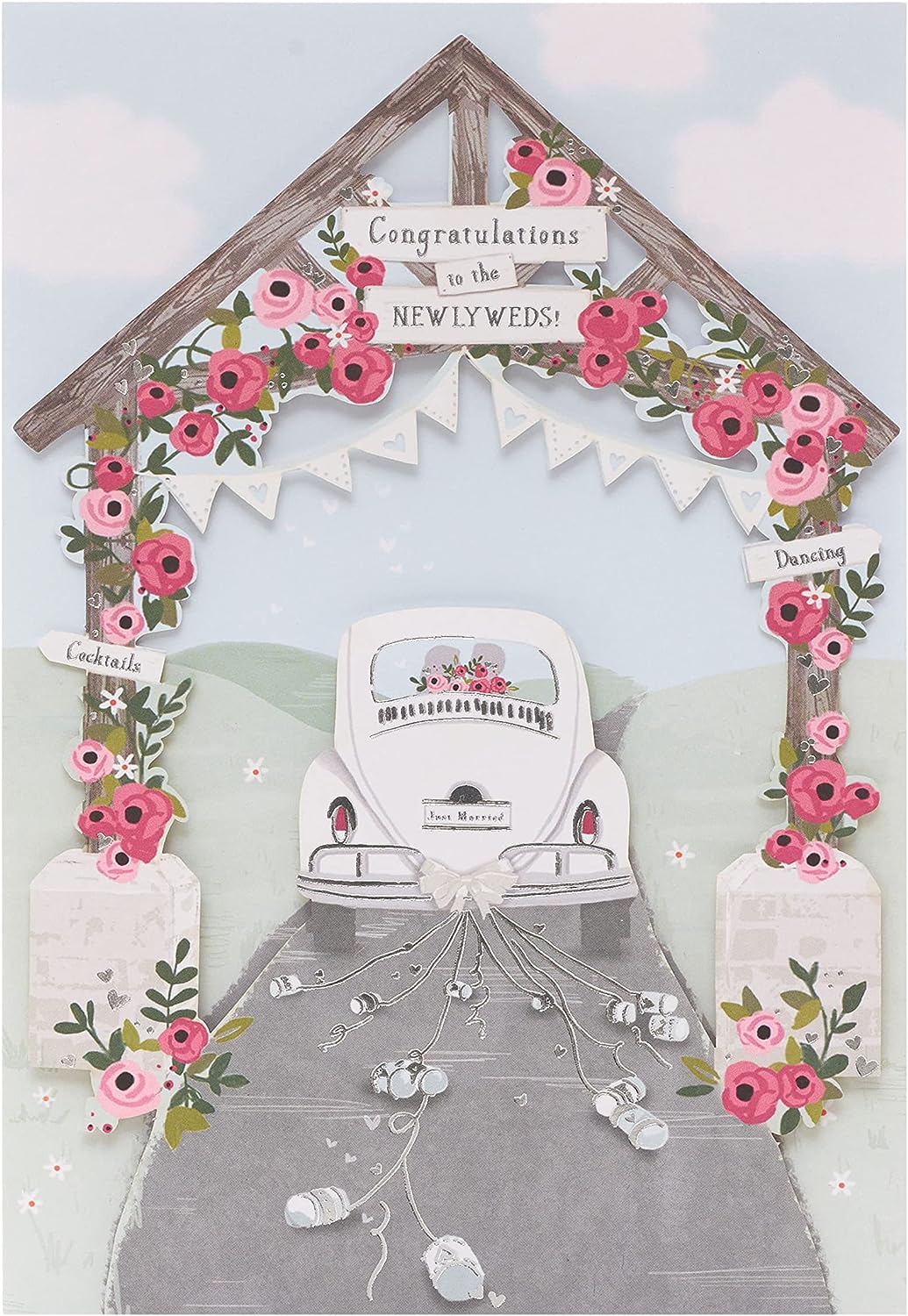 Laser-cut wedding car greeting card by UK Greetings featuring intricate floral and car designs on white cardstock.
