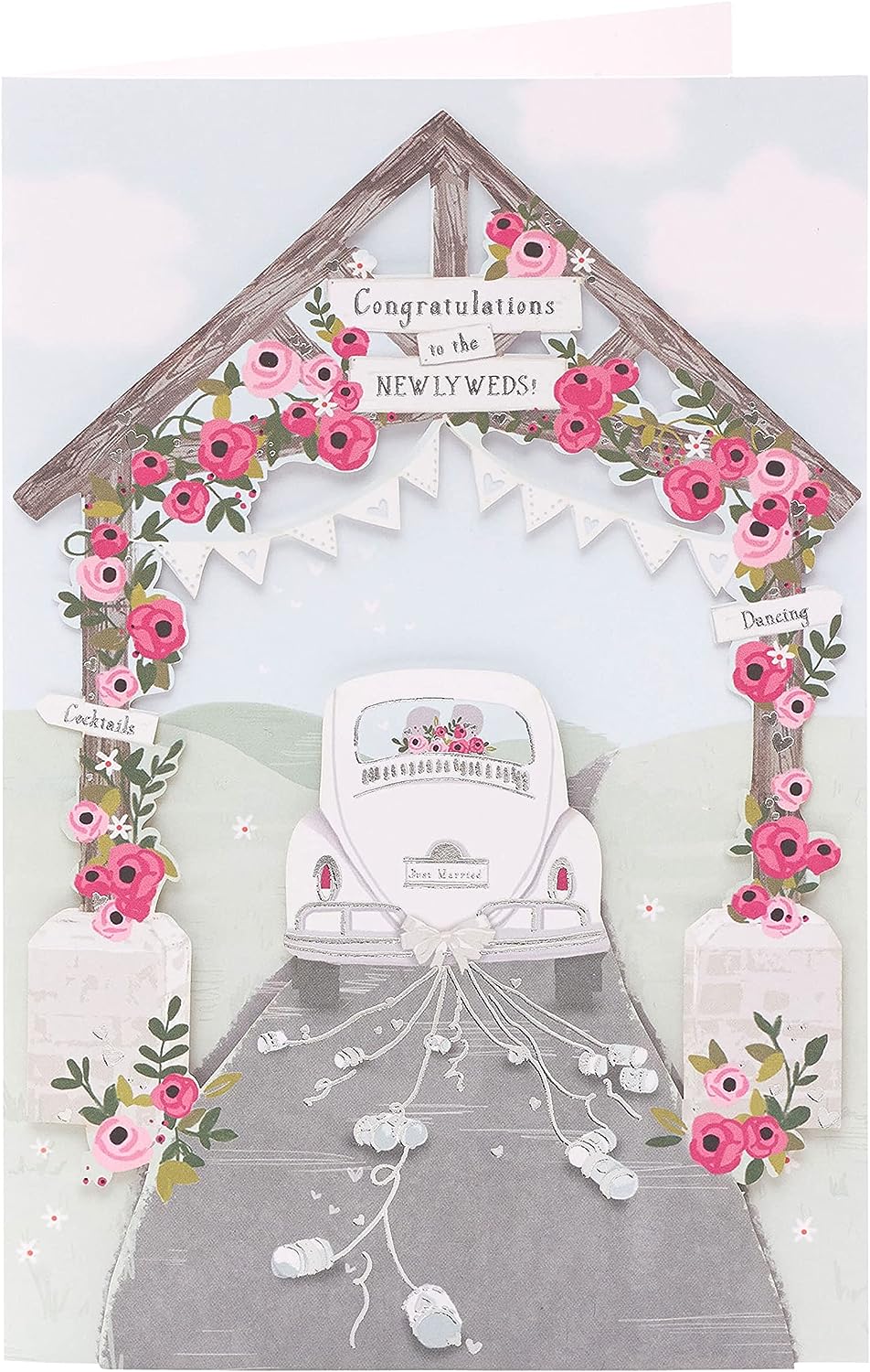 Laser-cut wedding car greeting card with intricate heart and car designs, perfect for wedding celebrations.