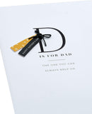 Father's Day greeting card featuring the letter D design from UK Greetings, with colorful and festive visuals.