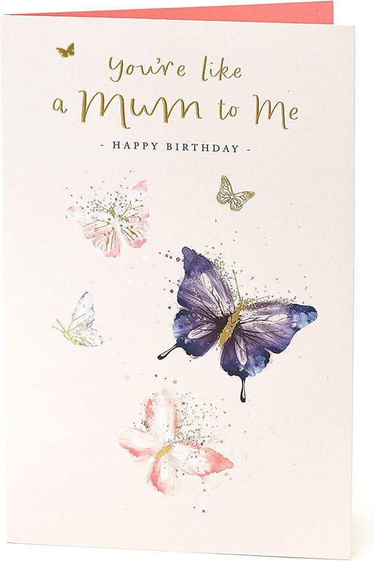 A greeting card titled "Like a Mum to Me" from UK Greetings, featuring floral designs and heartfelt message for a birthday celebration.