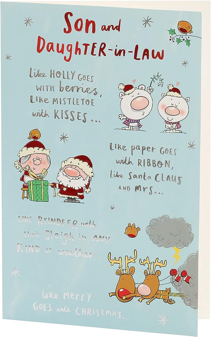 UK Greetings Christmas greeting card featuring holly with berries, designed for son and daughter-in-law, festive holiday season.