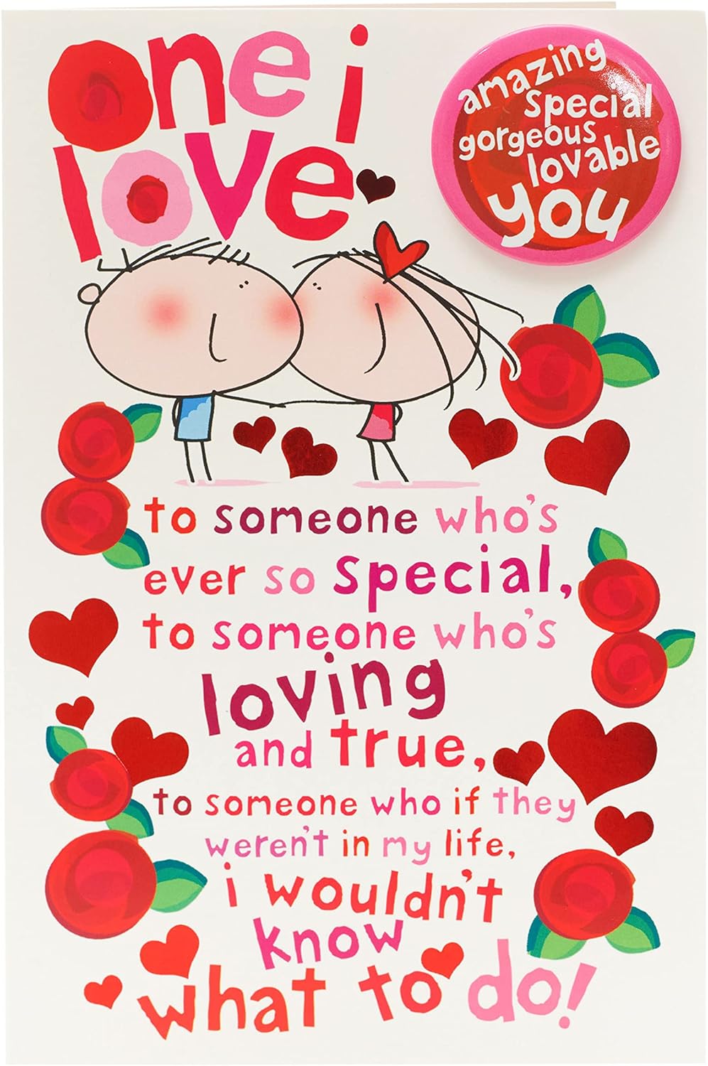Love Badge Compliments birthday greeting card with colorful love badge design, ideal for sending heartfelt birthday wishes.