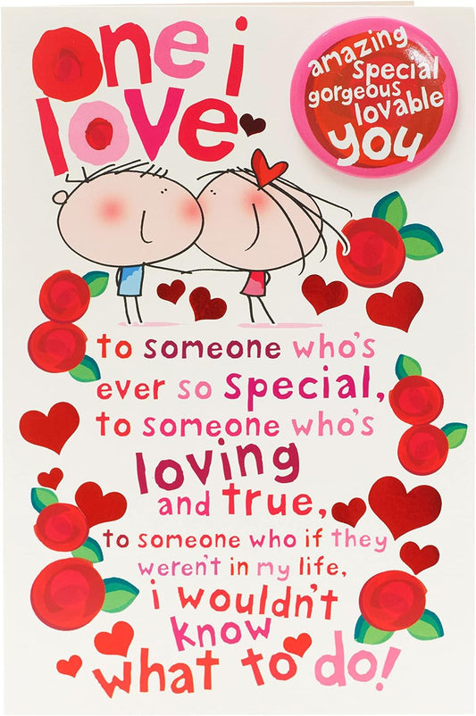 Love Badge Compliments birthday greeting card with colorful love badge design, ideal for sending heartfelt birthday wishes.
