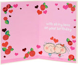 Love Badge compliments birthday greeting card by UK Greetings featuring colorful love badge design and cheerful message.