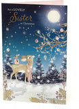 Decorative Christmas greeting card for sister featuring a deer and robin with gold foil accents, UK Greetings product.