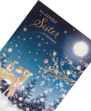Elegant Christmas greeting card featuring a deer and robin design with gold foil accents, ideal for sending festive wishes to a sister.