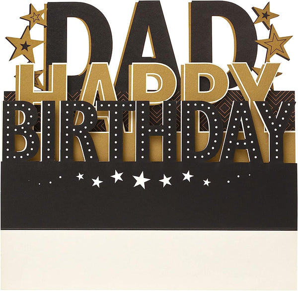 Bright greeting card with pop-up 3D lettering spelling "Dad" for birthday, featuring a lovely design from UK Greetings.