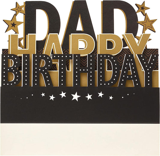 Bright greeting card with pop-up 3D lettering spelling "Dad" for birthday, featuring a lovely design from UK Greetings.