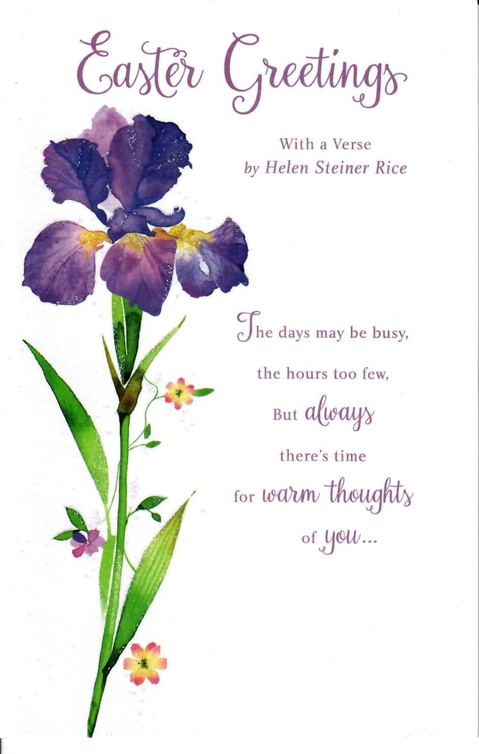 Glitter finished Easter greeting card with lovely verse design from UK Greetings, featuring colorful floral and festive embellishments.