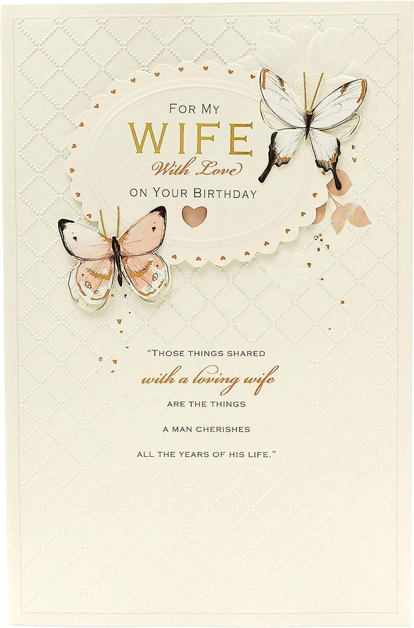 UK Greetings Loving Wife birthday greeting card with heartfelt verse insert, featuring a romantic design and heartfelt message.