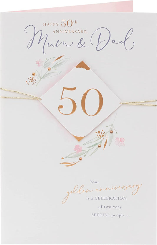 Luxurious 50th Golden Anniversary greeting card for Mum and Dad by UK Greetings, featuring elegant gold accents and heartfelt design.