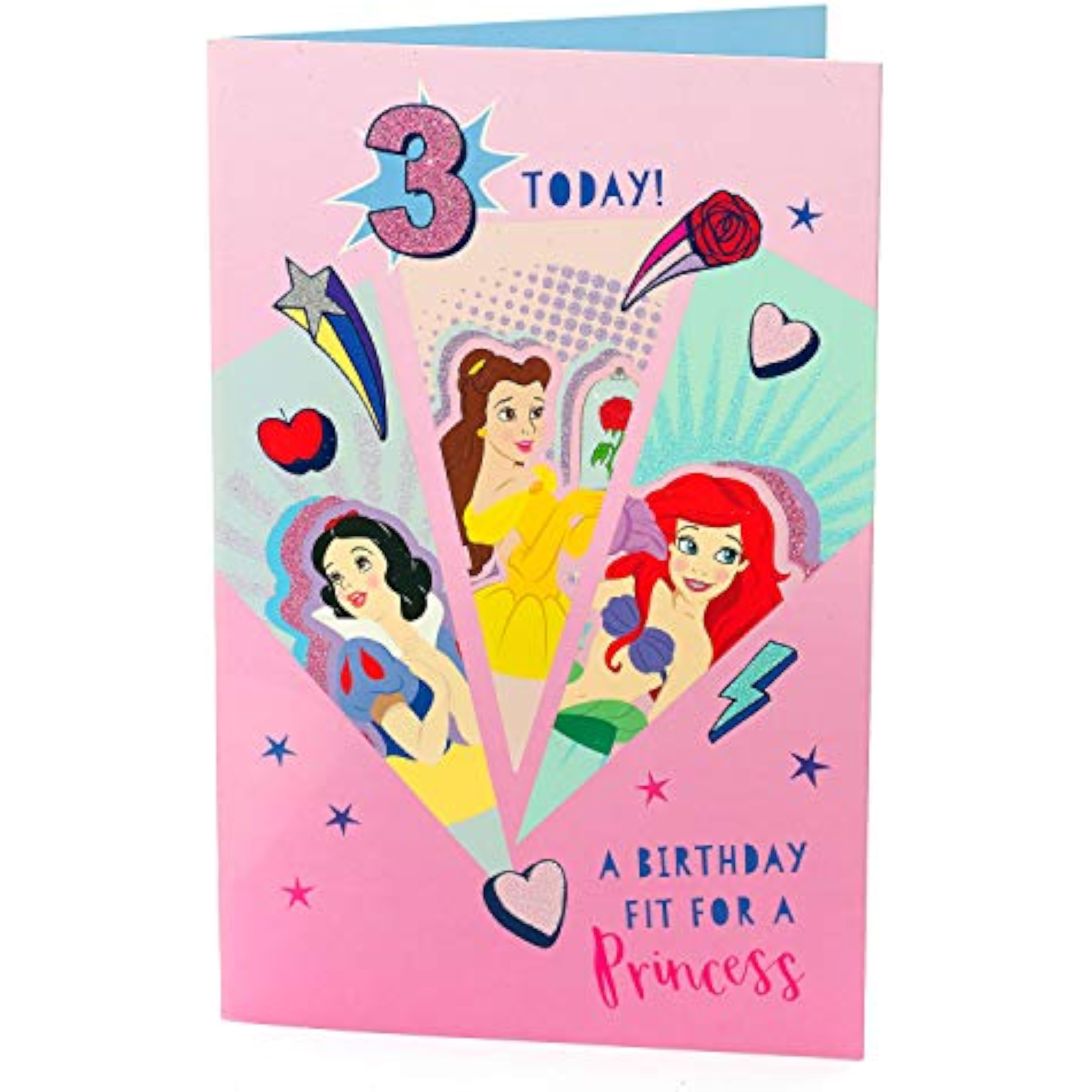 Disney Princess birthday greeting card for age 3 by UK Greetings featuring colorful princess illustrations and magical design elements.