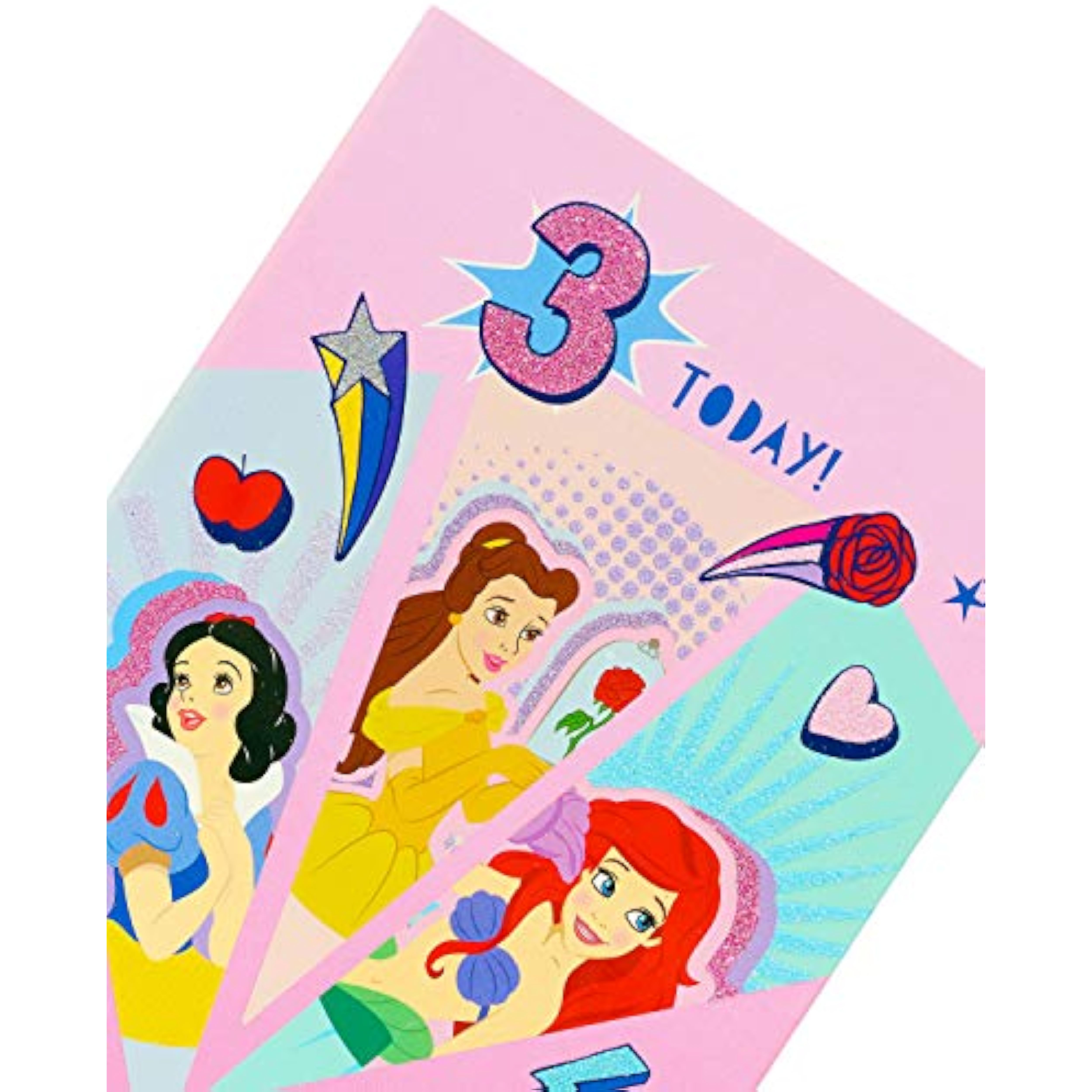 Disney Princess birthday greeting card for age 3 by UK Greetings, featuring colorful princess illustrations and festive design.