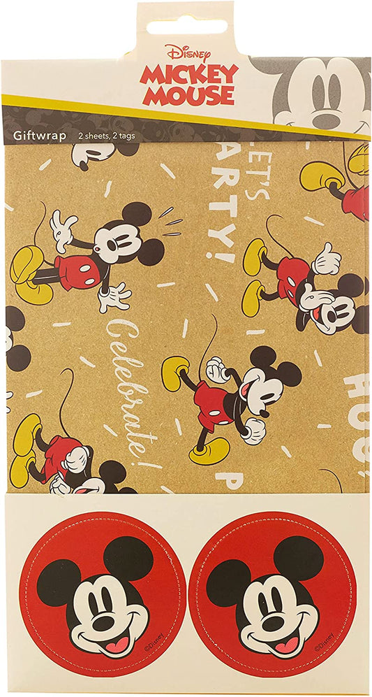 Magical Mickey Mouse birthday greeting card with wrap and tag set, featuring colorful Disney-themed illustrations for kids.
