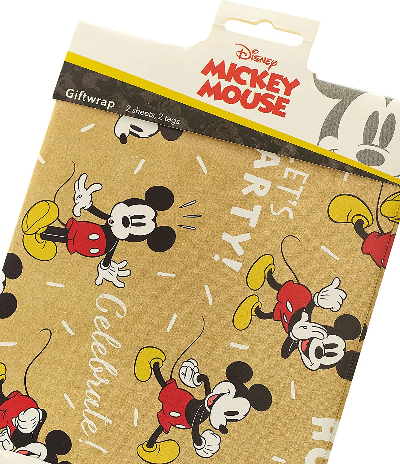 Magical Mickey Mouse birthday greeting card set with wrap and tag, featuring colorful Disney-themed designs by UK Greetings.