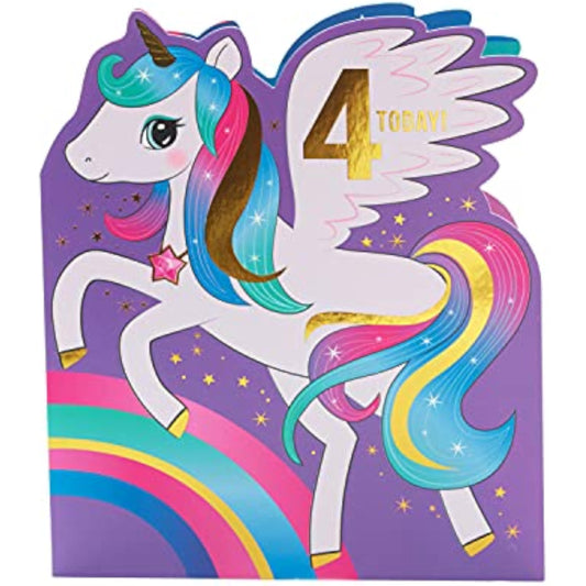 Colorful Magical Unicorn 4th Birthday Greeting Card for Girls featuring whimsical unicorn illustration by UK Greetings