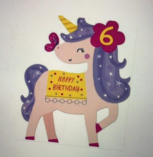 Colorful Magical Unicorn Pom 6th Birthday greeting card with whimsical unicorn design from UK Greetings.
