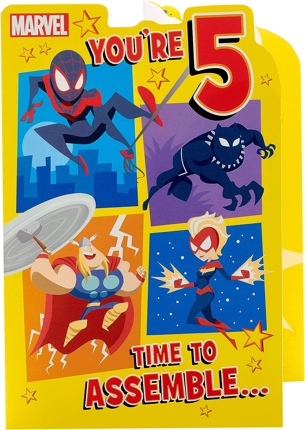 Marvel 5th birthday greeting card for boys with cartoon design and envelope, featuring superhero-themed illustrations.