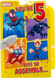 Marvel 5th birthday greeting card for boys with cartoon design and envelope, featuring superhero-themed illustrations.