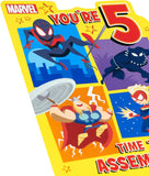 Cartoon-themed Marvel 5th birthday greeting card for boys with envelope, featuring superhero artwork and vibrant colors.