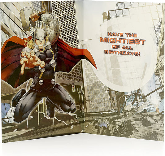 Marvel Avengers Age 9 birthday greeting card featuring superhero heroes from the Avengers, by UK Greetings.