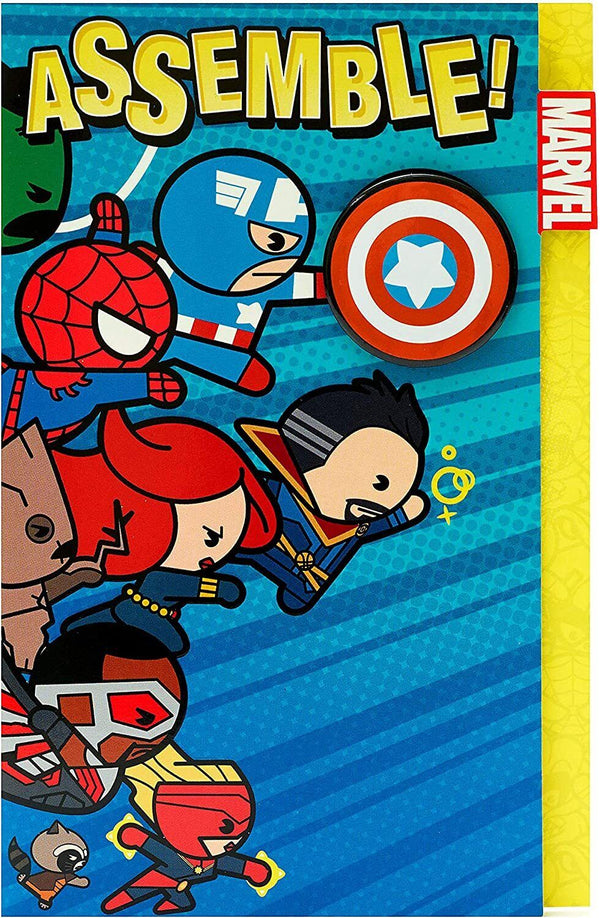 Colorful Marvel Avengers kawaii superhero birthday greeting card with cute superhero characters and vibrant design.