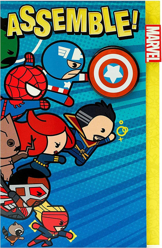 Colorful Marvel Avengers kawaii superhero birthday greeting card with cute superhero characters and vibrant design.