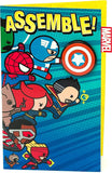 Kawaii Marvel Avengers superhero birthday greeting card with colorful superhero characters and playful design.