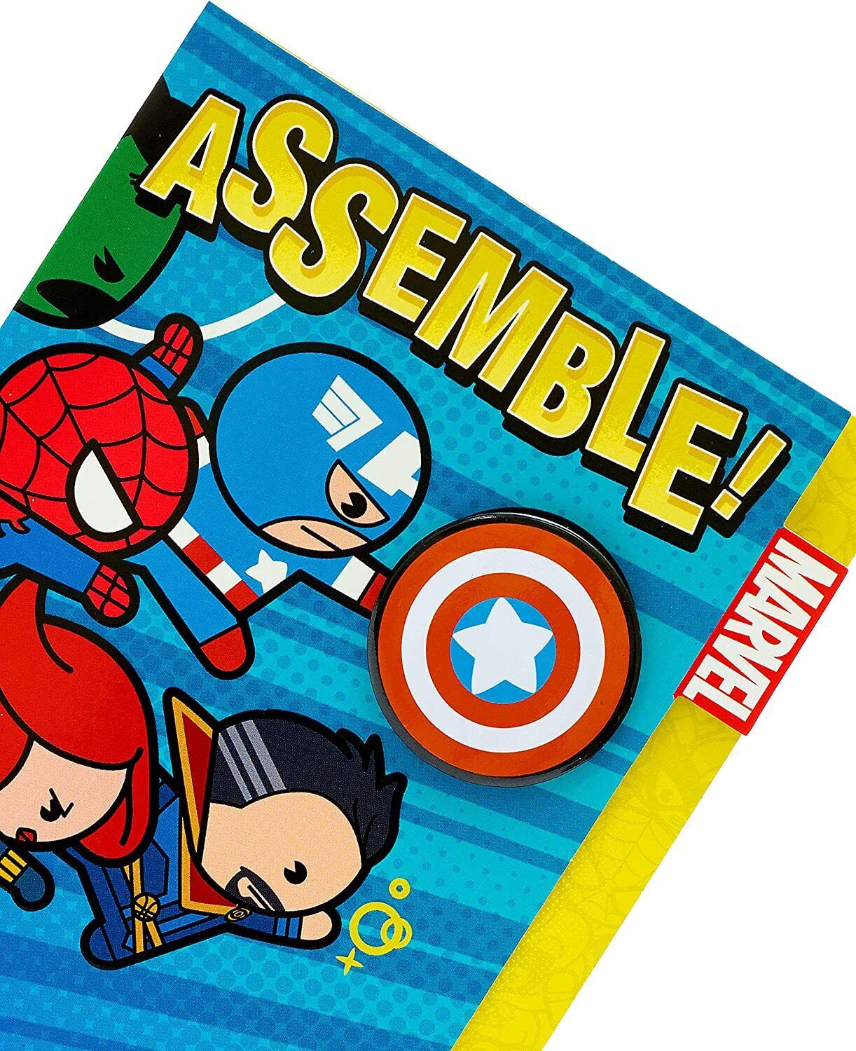 Cute Marvel Avengers Kawaii superhero birthday greeting card with colorful superhero characters and playful design.