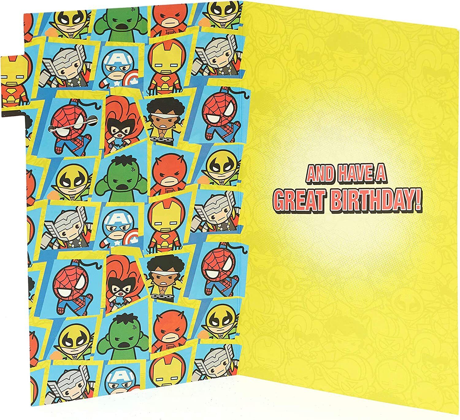 Colorful Marvel Avengers Kawaii superhero birthday greeting card featuring cute superhero characters and vibrant comic-style design.