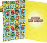 Colorful Marvel Avengers Kawaii superhero birthday greeting card featuring cute superhero characters and vibrant comic-style design.