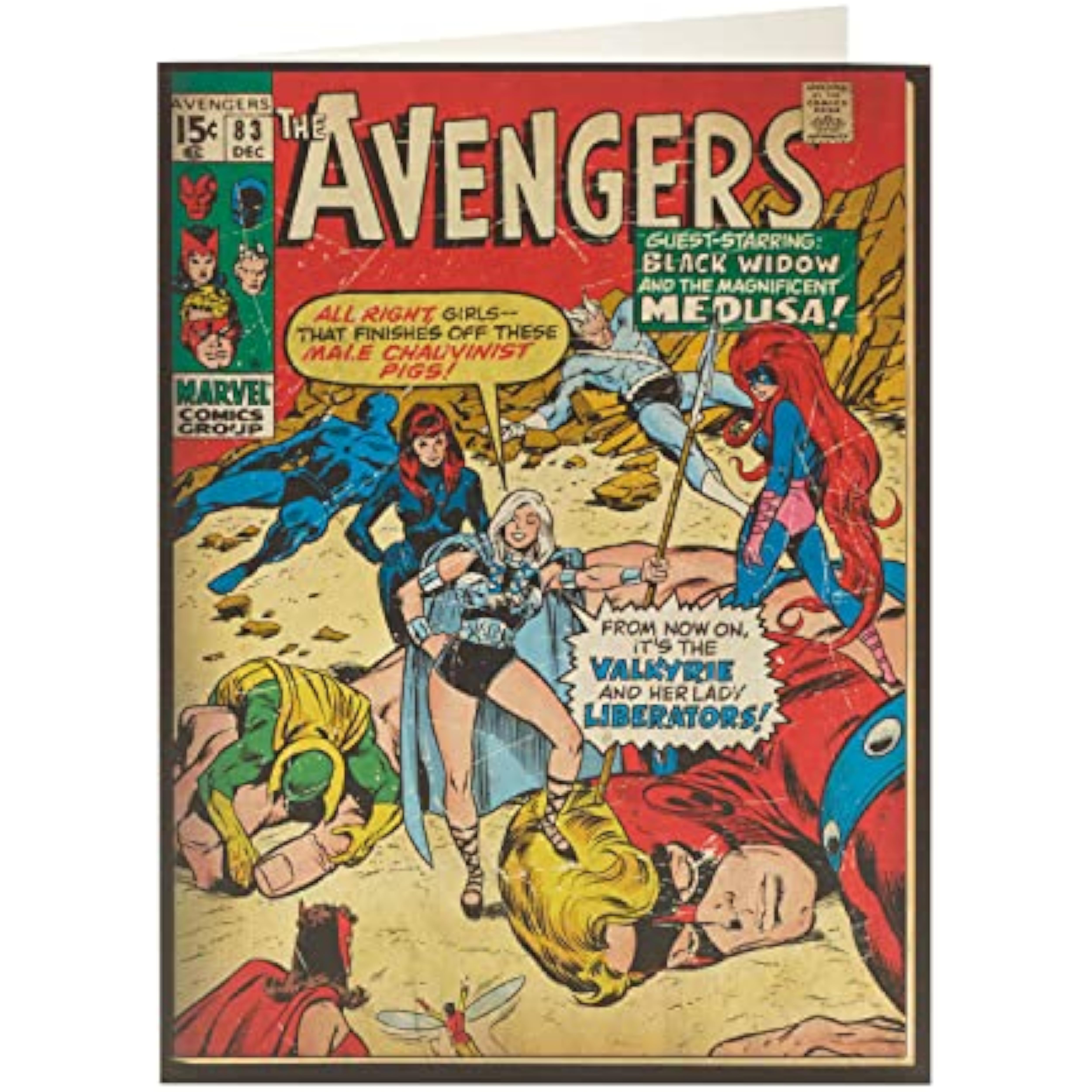 Marvel Avengers vintage comic book greeting card featuring comic-style artwork for birthdays, by UK Greetings.
