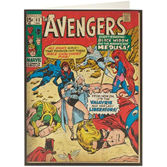 Marvel Avengers vintage comic book greeting card featuring comic-style artwork for birthdays, by UK Greetings.