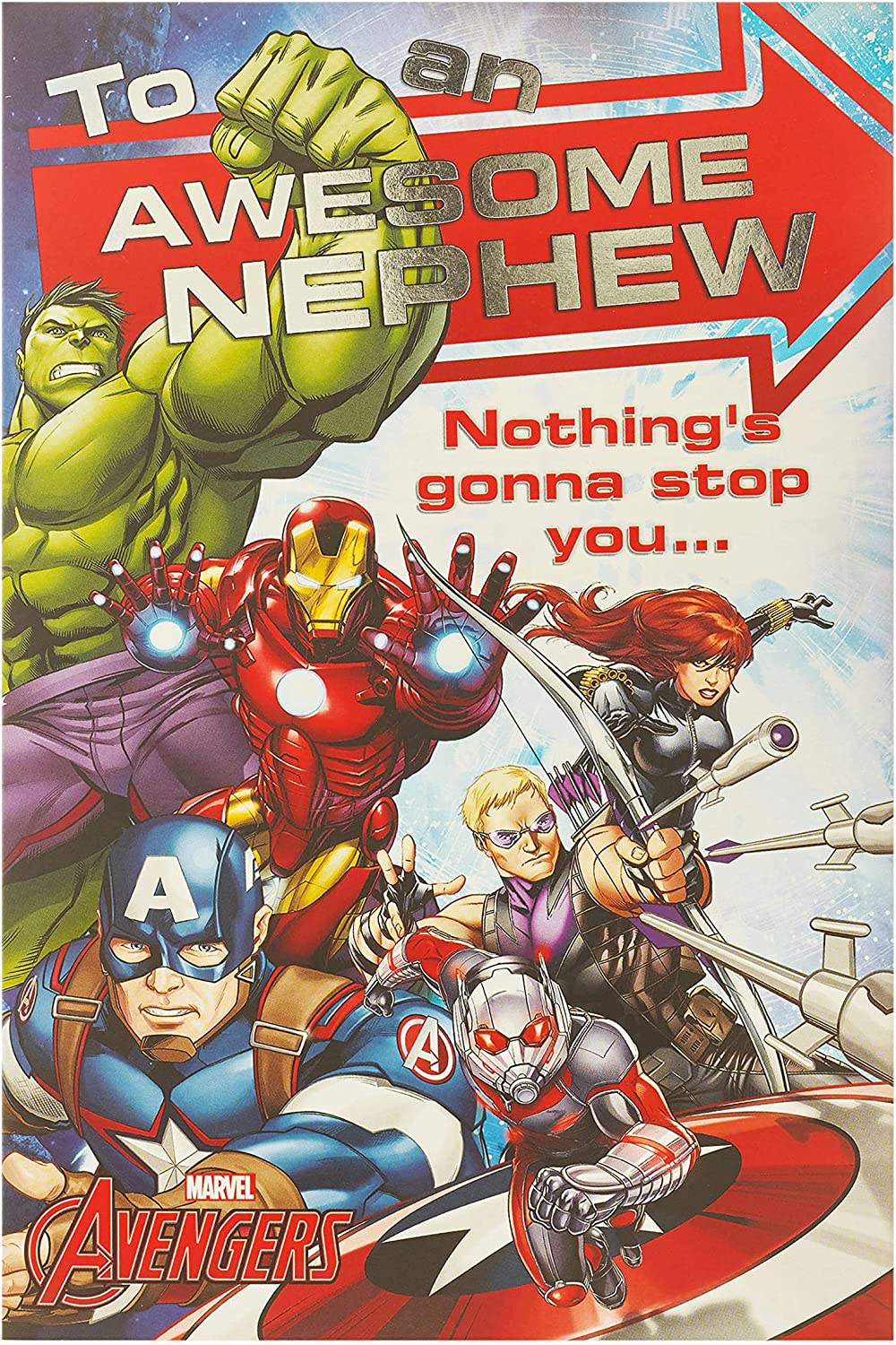 Marvel Awesome Nephew birthday greeting card by UK Greetings featuring colorful superhero-themed design.